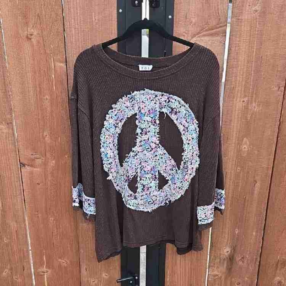 Brown Peace Sign Long Sleeve Top
